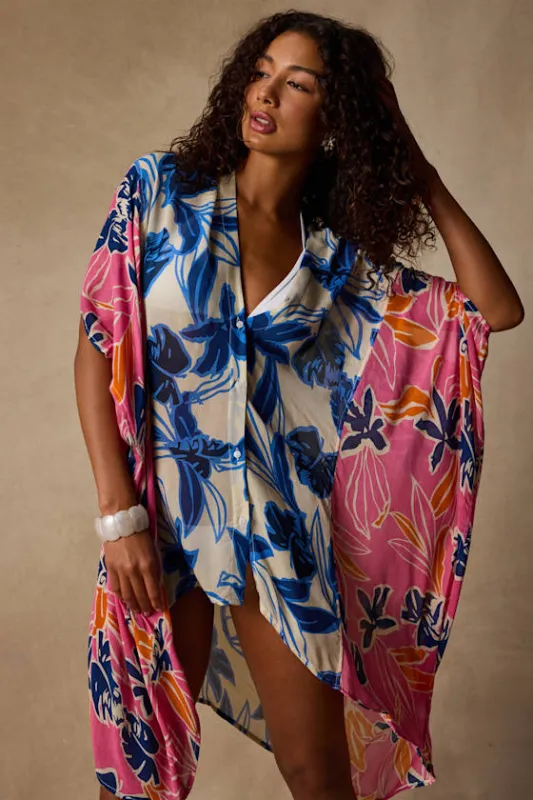 Haylu Pink Multi Floral Print Two-Tone Swim Coverup made by Lulus