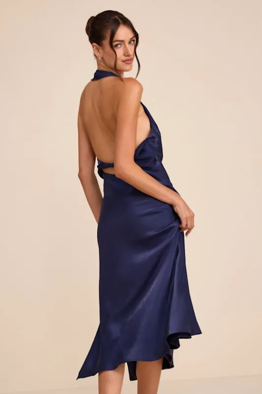 Belin Navy Satin Backless Midi Dress made by Lulus