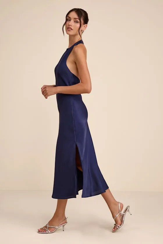 Belin Navy Satin Backless Midi Dress sold by Lulus product image thumbnail 2