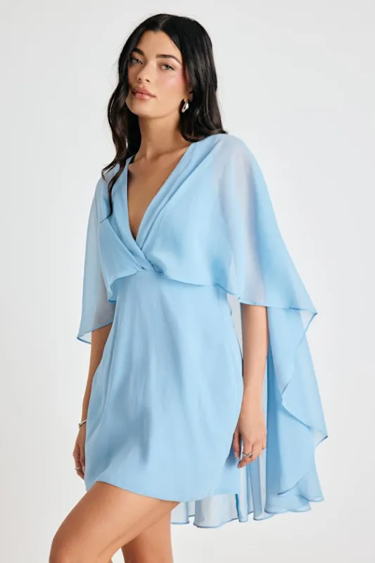 Jolia Light Blue Cape V-Neck Mini Dress made by Lulus