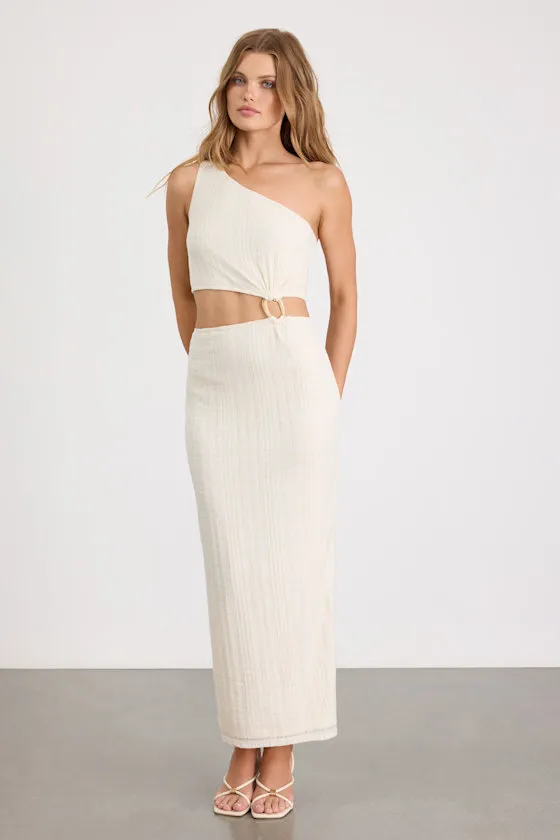 Camelia Cream Textured One-Shoulder Maxi Dress sold by Lulus