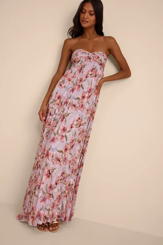 Nola Lavender Floral Pleated Strapless Maxi Dress sold by Lulus
