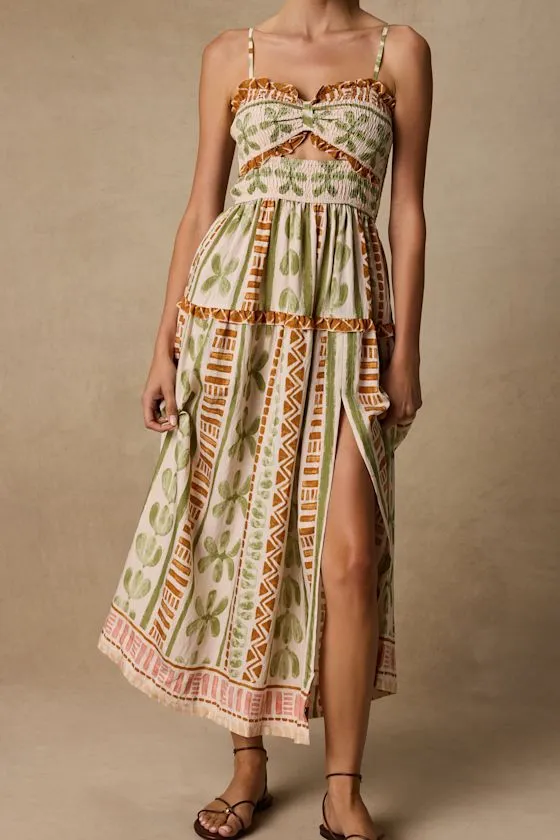 Fiora Cream Multi Boho Print Ruffled Midi Dress sold by Lulus