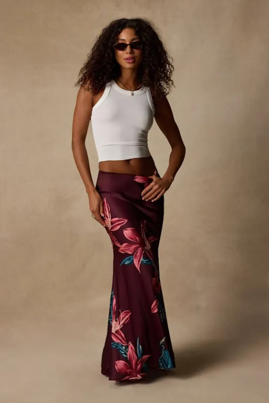 Belita Burgundy Multi Floral Satin Maxi Skirt made by Lulus