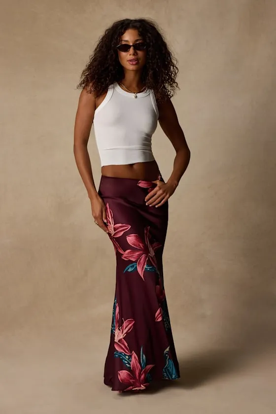 Belita Burgundy Multi Floral Satin Maxi Skirt sold by Lulus