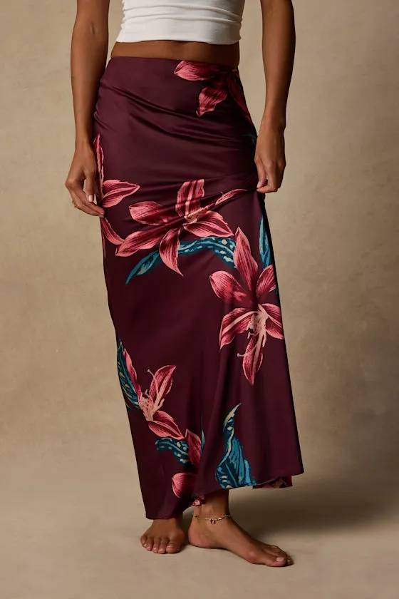 Belita Burgundy Multi Floral Satin Maxi Skirt sold by Lulus product image thumbnail 2