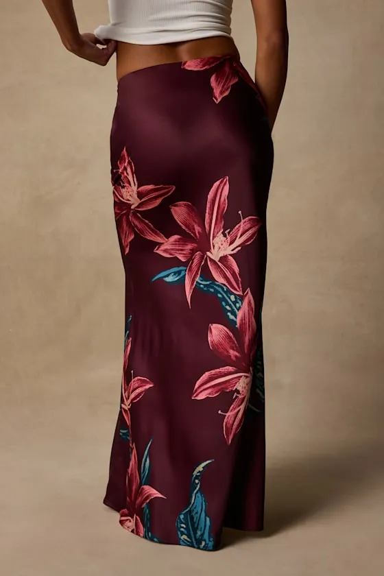 Belita Burgundy Multi Floral Satin Maxi Skirt sold by Lulus product image thumbnail 3