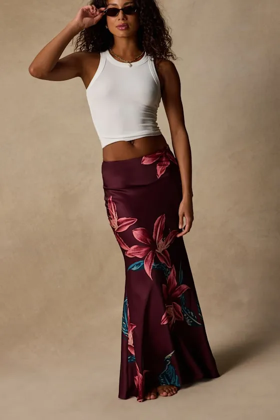 Belita Burgundy Multi Floral Satin Maxi Skirt sold by Lulus product image thumbnail 4