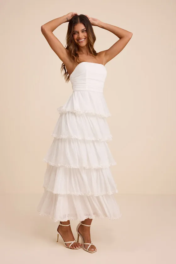 Mianella White Swiss Dot Tiered Maxi Dress sold by Lulus