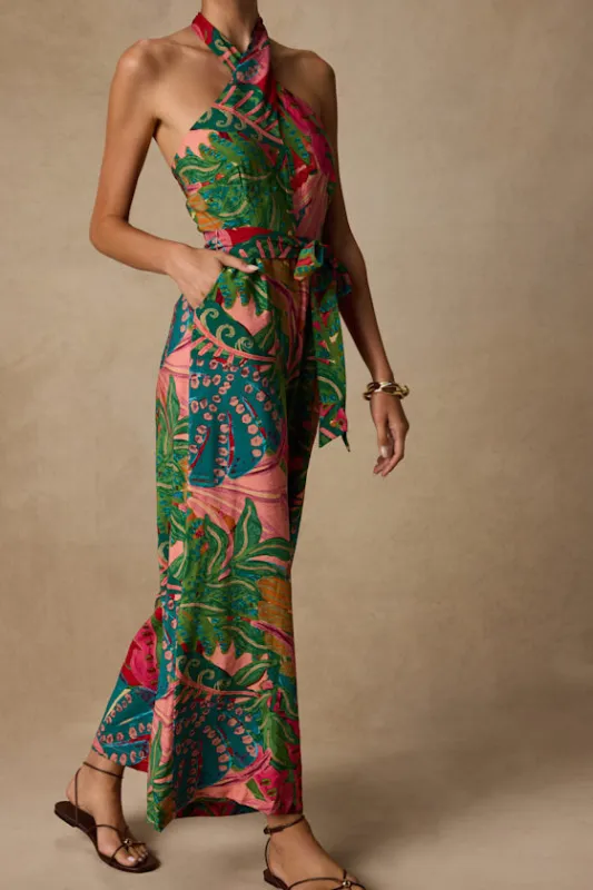 Mar Alto Pink Multi Leaf Print Wide-Leg Jumpsuit made by Lulus