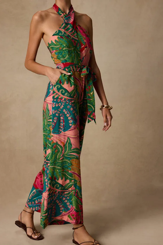 Mar Alto Pink Multi Leaf Print Wide-Leg Jumpsuit sold by Lulus