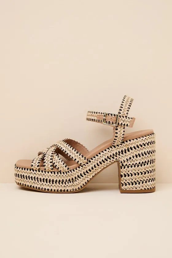 St. Barts Natural and Black Raffia Platform Sandals sold by Lulus