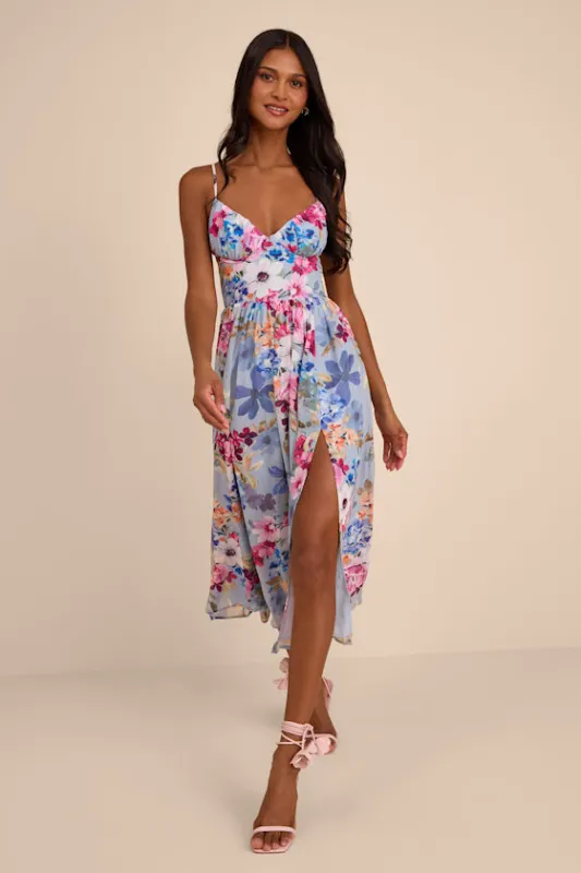Alani Light Blue Multi Floral Lace-Up Midi Dress made by Lulus
