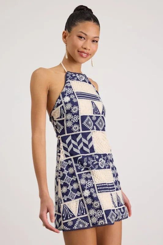 Daisy Navy and Cream Embroidered Halter Mini Dress made by Lulus