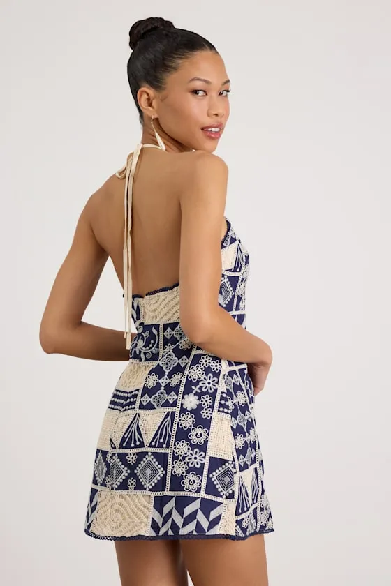 Daisy Navy and Cream Embroidered Halter Mini Dress sold by Lulus product image thumbnail 2