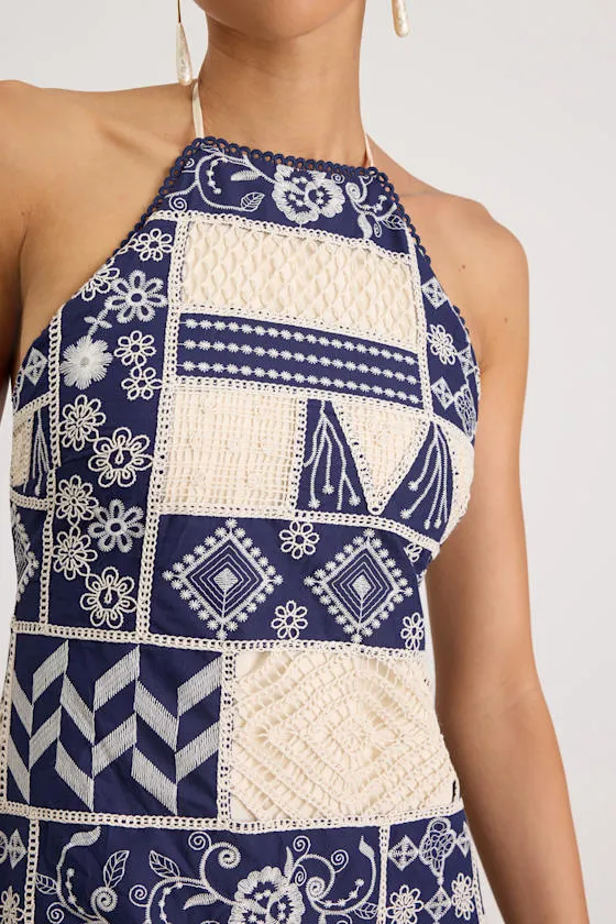 Daisy Navy and Cream Embroidered Halter Mini Dress sold by Lulus product image thumbnail 4