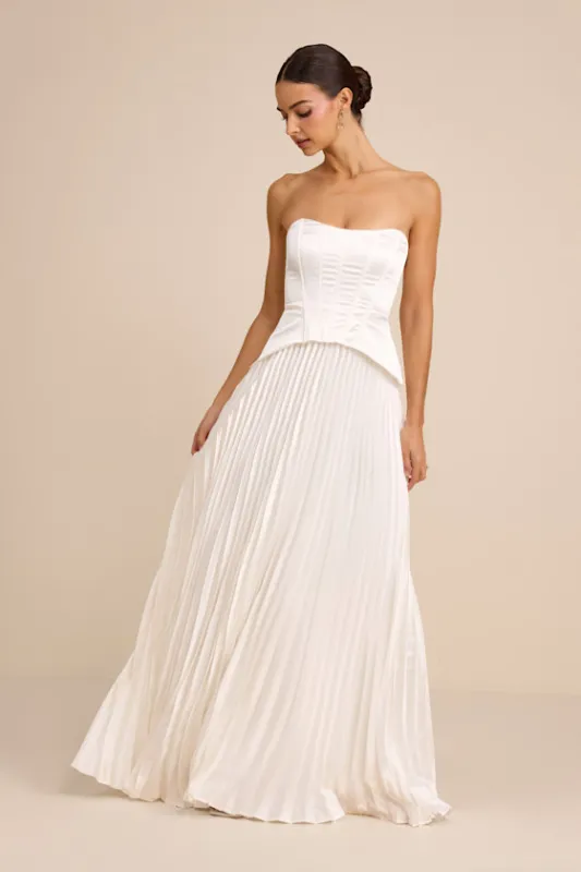Dovey White Satin Pleated Maxi Dress made by Lulus