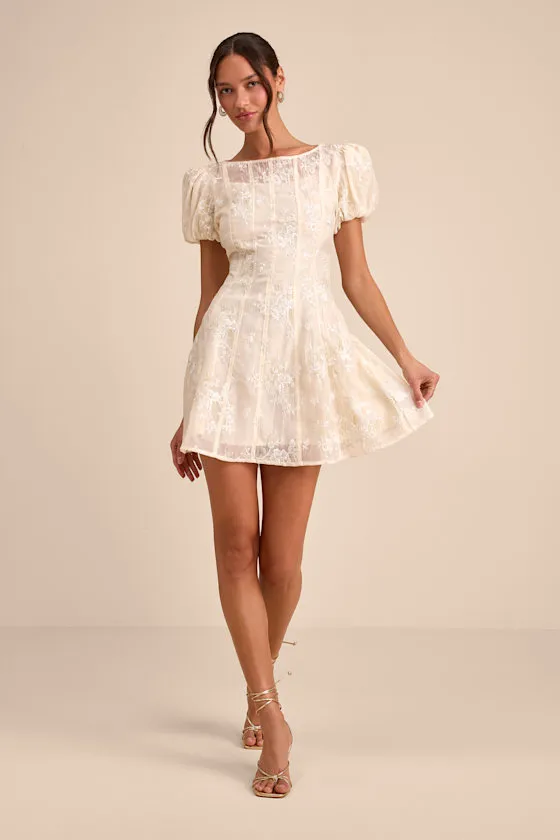 Elfrieda Cream Embroidered Puff Sleeve Mini Dress sold by Lulus product image thumbnail 4