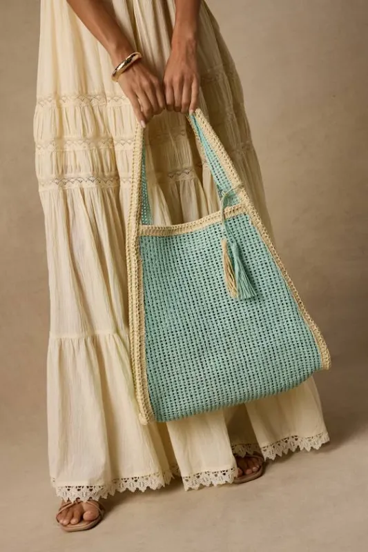 Shoreline Aqua Raffia Tote Bag made by Lulus