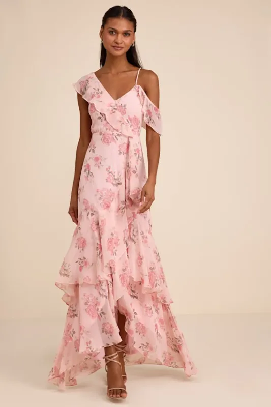 Velma Blush Floral Ruffled Asymmetrical Maxi Dress made by Lulus