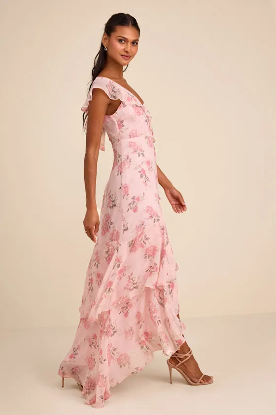 Velma Blush Floral Ruffled Asymmetrical Maxi Dress sold by Lulus product image thumbnail 4