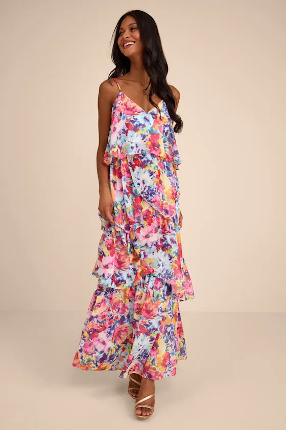 Mabelle Light Blue Multi Floral Tiered Maxi Dress sold by Lulus