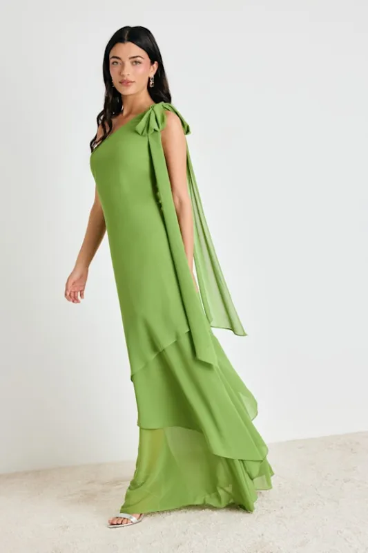 Camellia Bright Green One-Shoulder Bow Maxi Dress made by Lulus