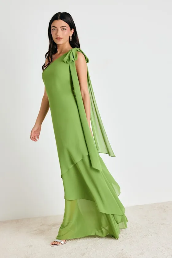 Camellia Bright Green One-Shoulder Bow Maxi Dress sold by Lulus
