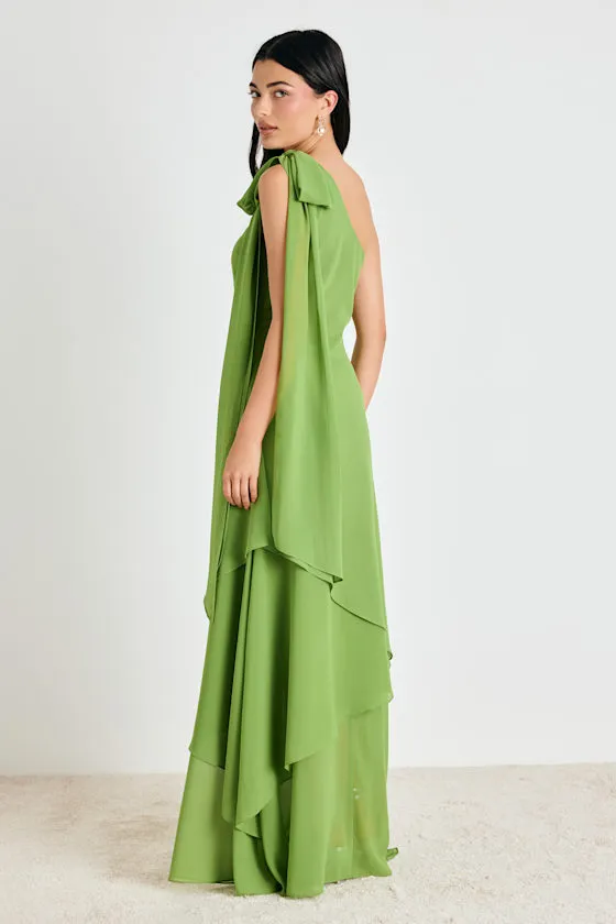 Camellia Bright Green One-Shoulder Bow Maxi Dress sold by Lulus product image thumbnail 3
