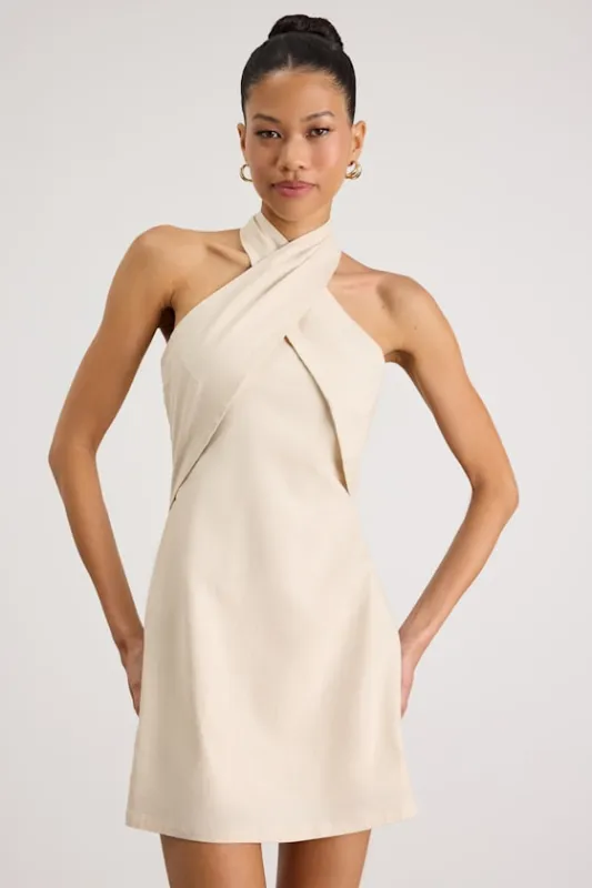 Alette Light Beige Cross-Front Halter Mini Dress made by Lulus