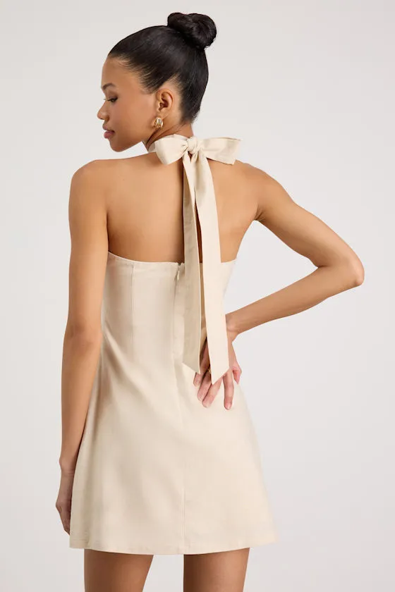 Alette Light Beige Cross-Front Halter Mini Dress sold by Lulus product image thumbnail 2
