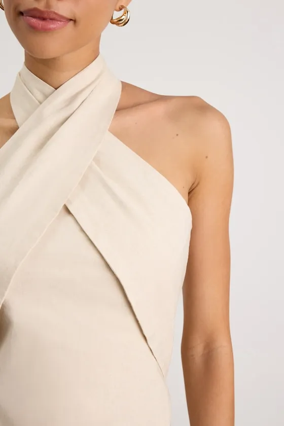 Alette Light Beige Cross-Front Halter Mini Dress sold by Lulus product image thumbnail 4