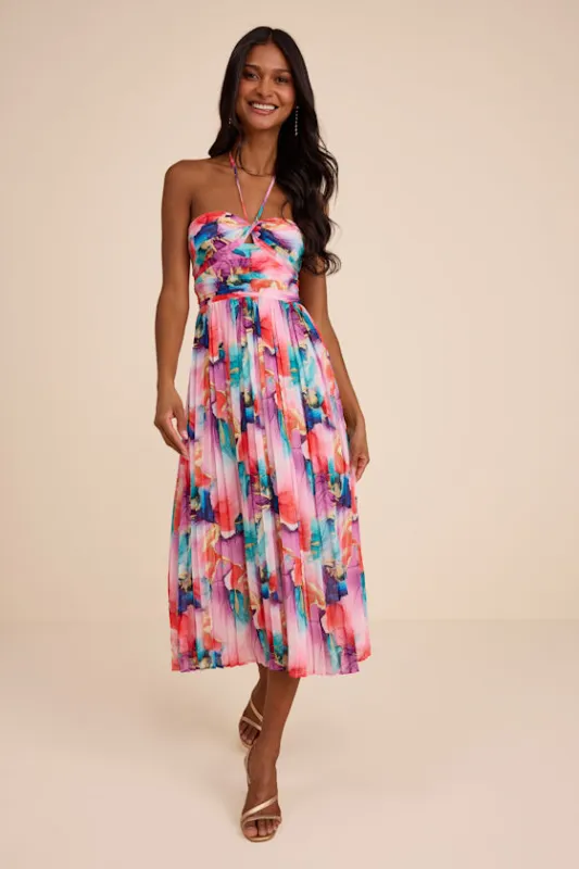 Anara Pink Multi Floral Pleated Halter Midi Dress made by Lulus
