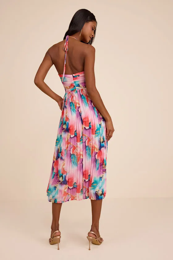Anara Pink Multi Floral Pleated Halter Midi Dress sold by Lulus product image thumbnail 3