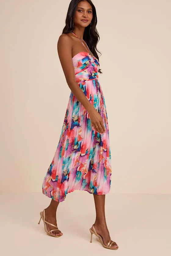 Anara Pink Multi Floral Pleated Halter Midi Dress sold by Lulus product image thumbnail 4