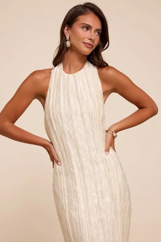 Joya Cream Plisse Halter Midi Dress made by Lulus