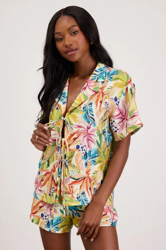 Talise Ivory Multi Tropical Print Tie-Front Collared Top made by Lulus