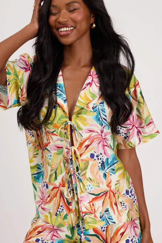 Talise Ivory Multi Tropical Print Tie-Front Collared Top sold by Lulus product image thumbnail 2