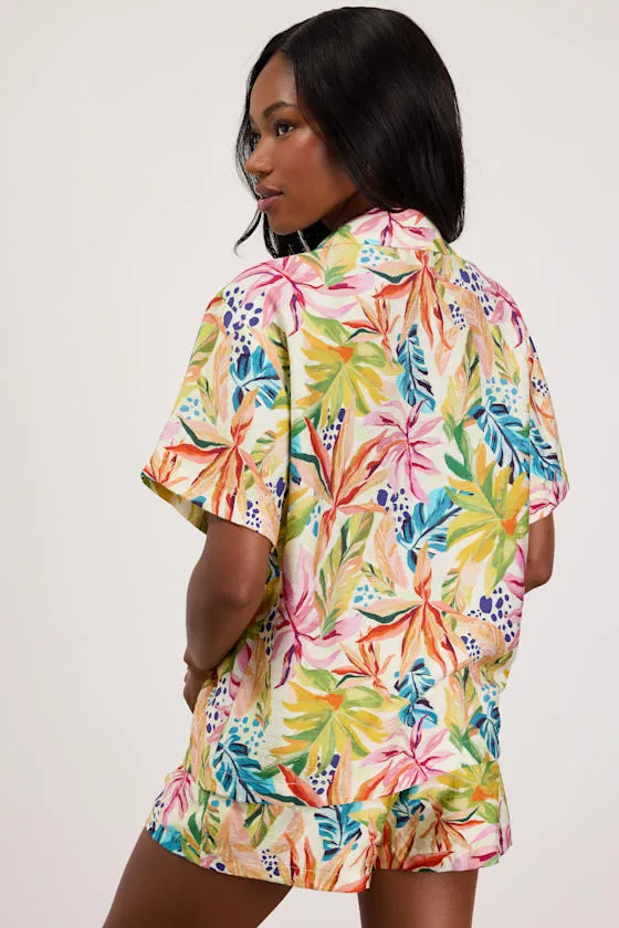 Talise Ivory Multi Tropical Print Tie-Front Collared Top sold by Lulus product image thumbnail 3