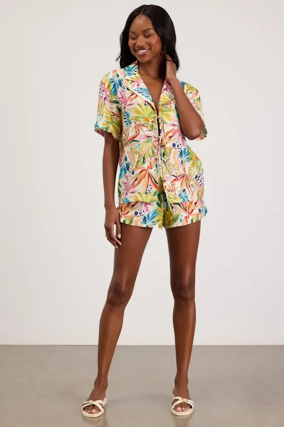 Talise Ivory Multi Tropical Print Tie-Front Collared Top sold by Lulus product image thumbnail 4