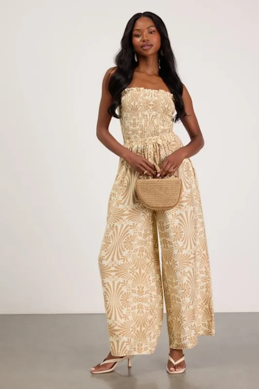 Indie Tan and Ivory Boho Print Wide-Leg Jumpsuit made by Lulus