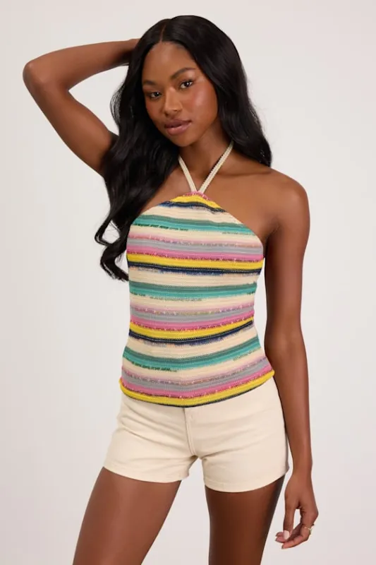 Thara Beige Multi Striped Crochet Halter Top made by Lulus