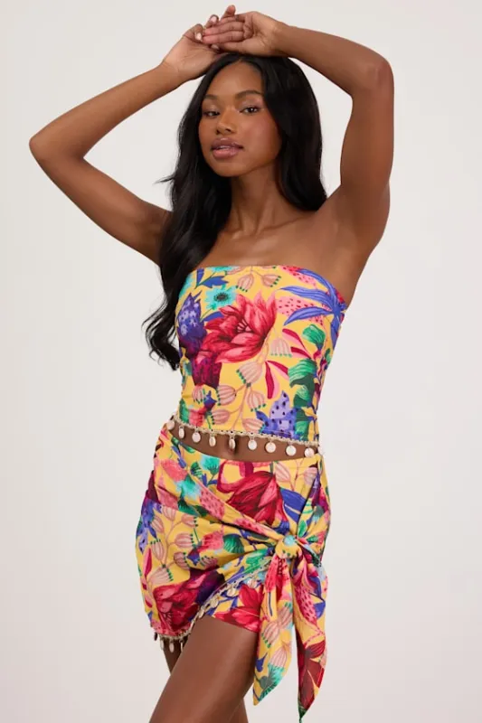 Kysa Yellow Multi Floral Strapless Crop Top made by Lulus
