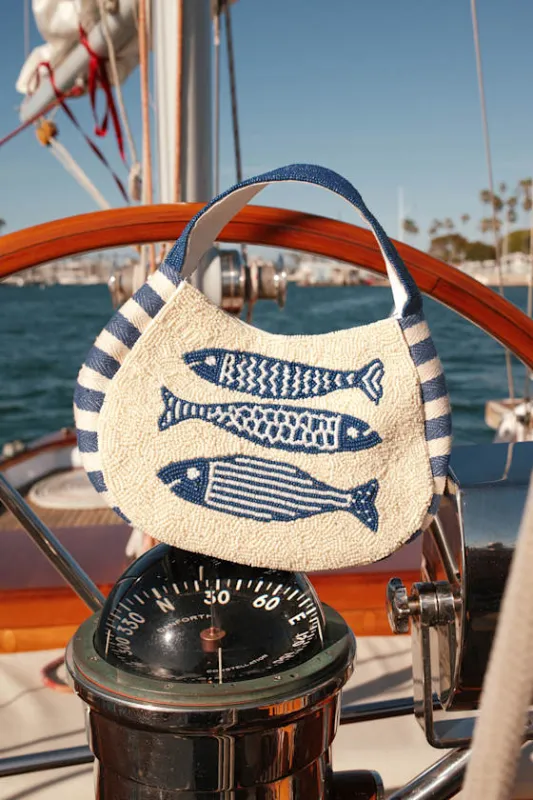 Elba Ivory and Blue Sardine Beaded Handbag made by Lulus