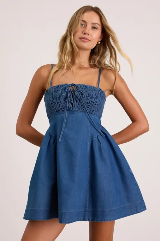 Laylie Medium Wash Smocked Mini Dress made by Lulus