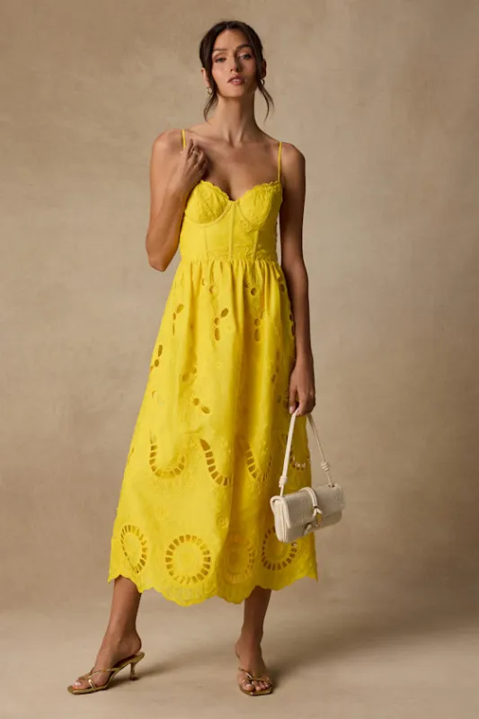 Jenora Yellow Embroidered Bustier Midi Dress made by Lulus