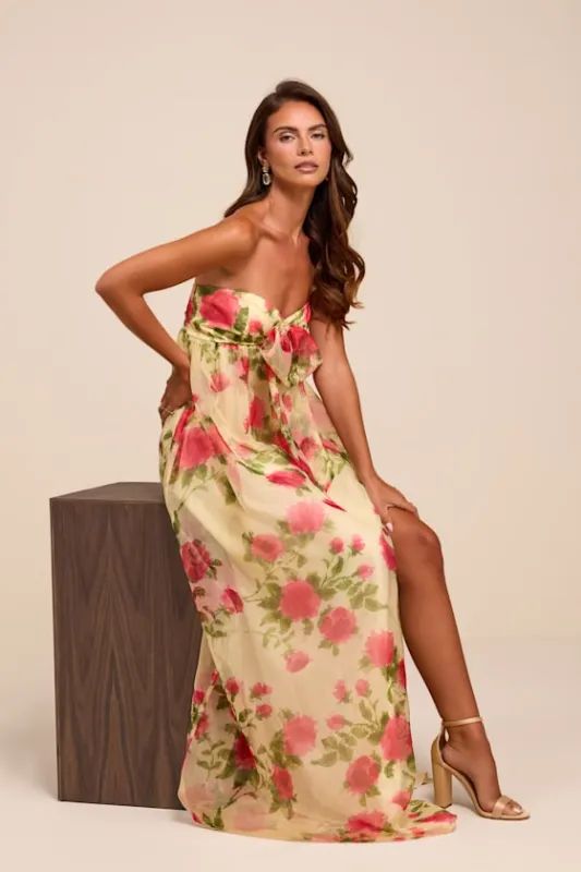 Ember Light Yellow Floral Organza Strapless Maxi Dress made by Lulus