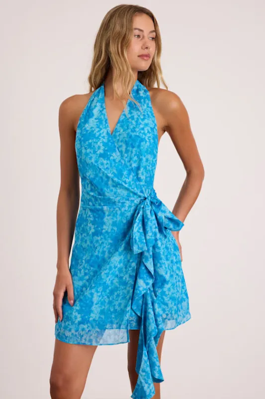 Felicita Blue Floral Halter Wrap Mini Dress made by Lulus