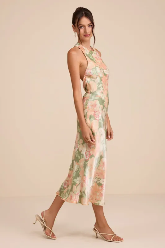 Belin Sage Multi Floral Satin Backless Midi Dress made by Lulus