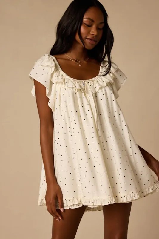 Frolic White Polka Dot Ruffled Romper made by Lulus